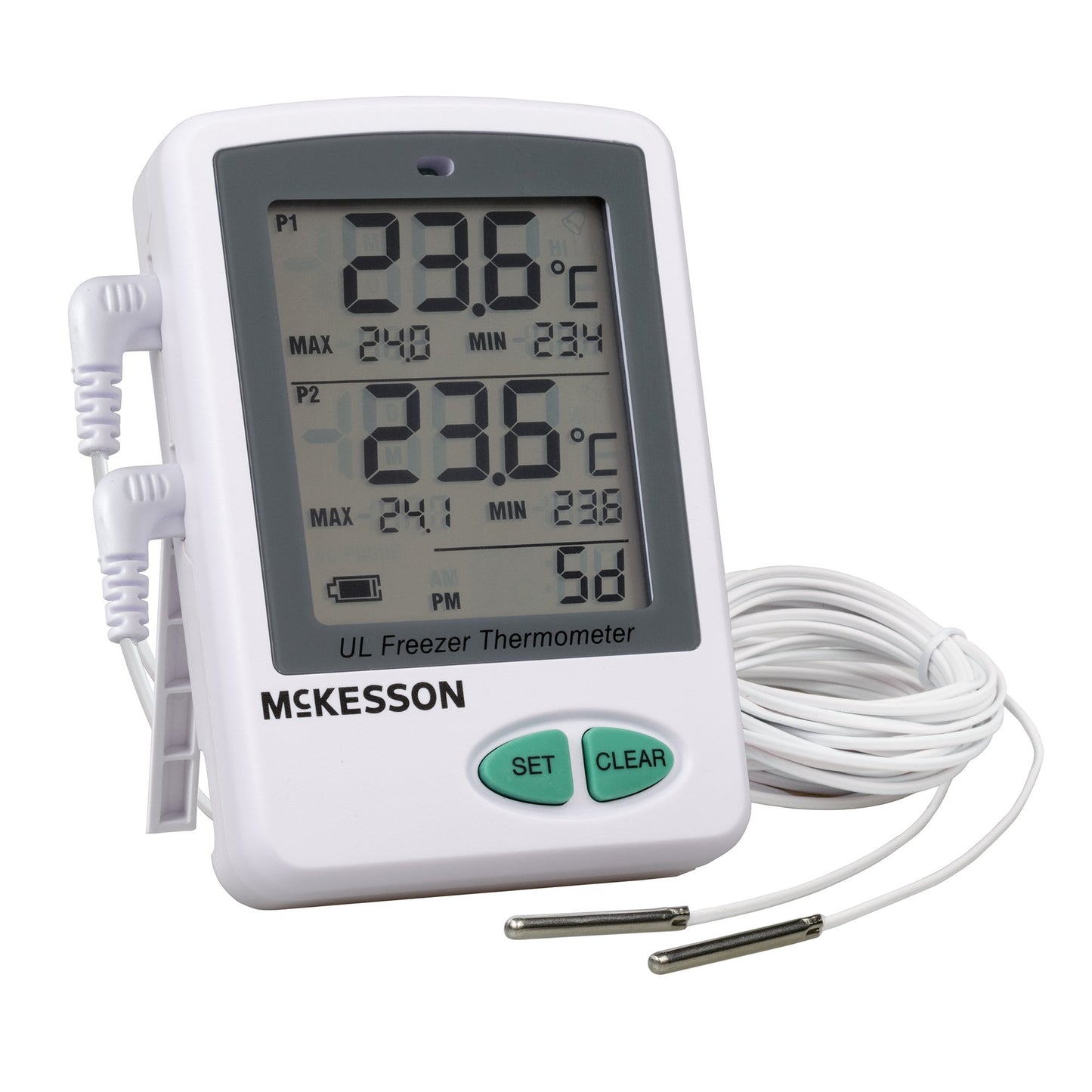 McKesson Ultra-Low Temperature Data Logger with Alarm Fahrenheit / Celsius -112° to +158°F (-80° to +70°C) 2 Stainless Steel Probes Flip-out Stand Battery Operated (1207261_EA)
