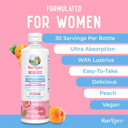 Mary Ruth's® Women's Multivitamin + Hair Growth Liposomal Multivitamin Supplement Vitamin A / D / E / Biotin 500 mcg - 25 mcg - 7 mg - 10,000 mcg Strength Liquid 15.22 oz. Peach Flavor (1271767_EA)