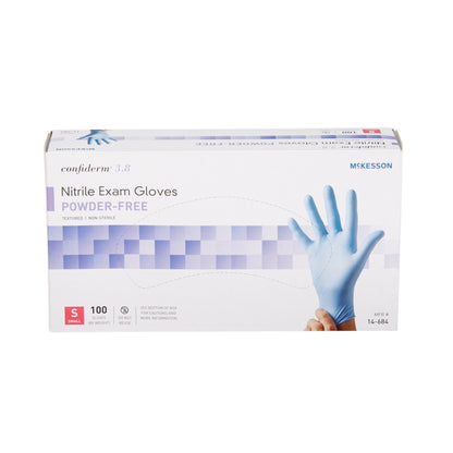 McKesson Confiderm® 3.8 Exam Glove Small NonSterile Nitrile Standard Cuff Length Textured Fingertips Blue Not Rated (921610_CS)