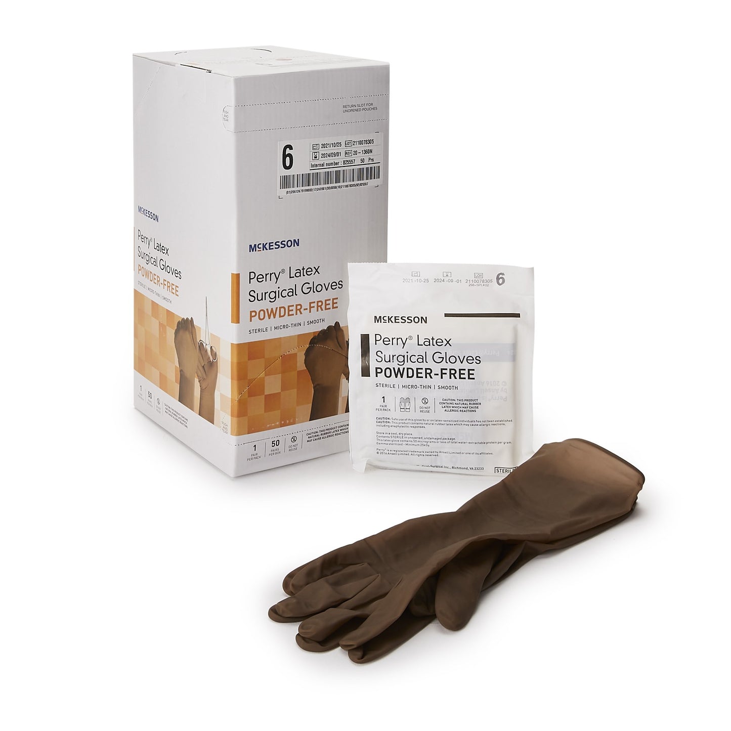 McKesson Perry® Surgical Glove Size 6 Sterile Latex Standard Cuff Length Smooth Brown Not Chemo Approved (1044728_CS)