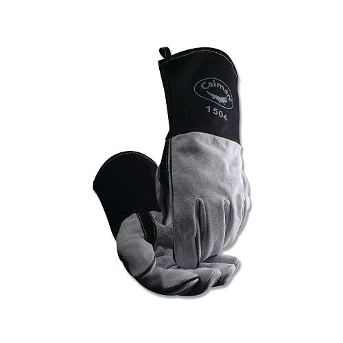 Caiman 1504 Cow Split Flame Resistant Cotton Cuff MIG/Stick Welding Gloves, Large, Black/White, 4 in Gauntlet Cuff (607-1504-1)
