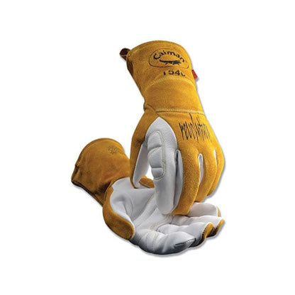 Caiman 1540 revolution® Premium Goat Grain Unlined Palm TIG/Multi-Task Welding Gloves, Cowhide Cuff, Medium, Gold/Pearl White (607-1540-M)