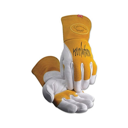 Caiman 1810 revolution® Cow Grain Unlined Palm 2-Layer Insulated Back MIG/Stick Welding Gloves, Large, Gold/White, Gauntlet Cuff (607-1810-L)