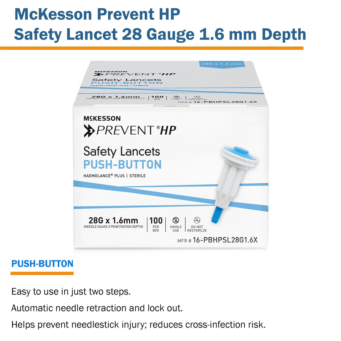 McKesson Prevent® HP Safety Lancet 28 Gauge Retractable Push Button Activation Finger (1217988_BX)