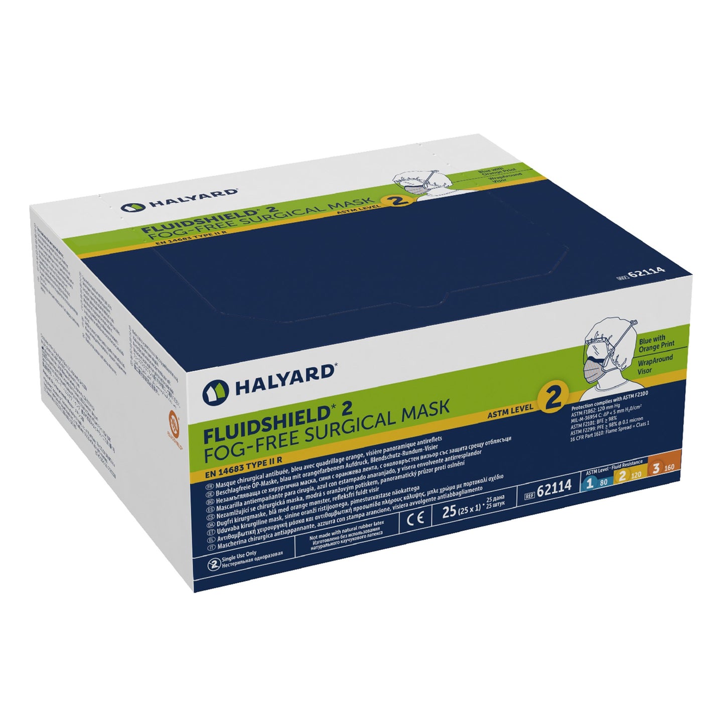 FluidShield Surgical Mask with Eye Shield Anti-fog Foam ASTM F2100-11 Level 2 Tie Closure One Size Fits Most (199537_CS)