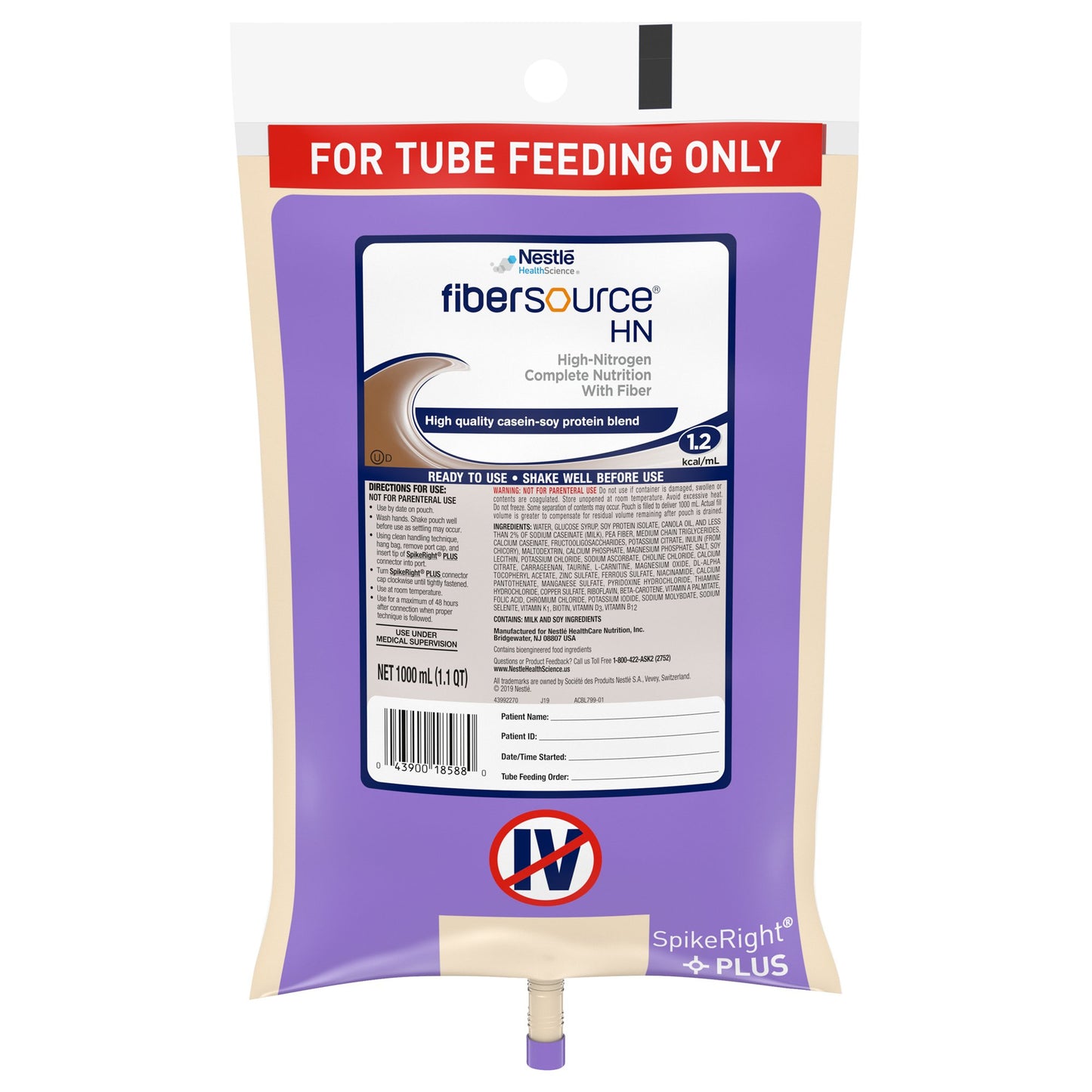 Fibersource® HN Tube Feeding Formula Unflavored Liquid 1000 mL Ready to Hang Prefilled Container (693718_CS)