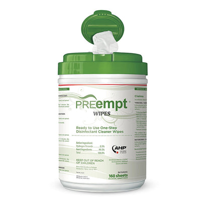 PREempt® Surface Disinfectant Cleaner Premoistened Cleanroom Manual Pull Wipe 160 Count Canister Unscented NonSterile (1044095_CS)