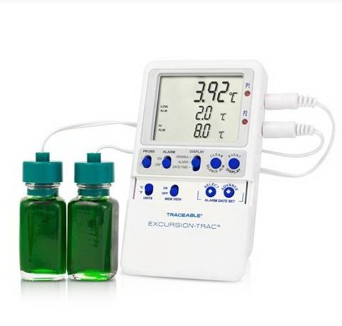 Traceable® Excursion-Trac™ Datalogging Refrigerator / Freezer Thermometer with Alarm Fahrenheit / Celsius -58° to +158°F (-50° to +70°C) 2 Glycol Bottle Probes Multiple Mounting Options Battery Operated (937369_EA)