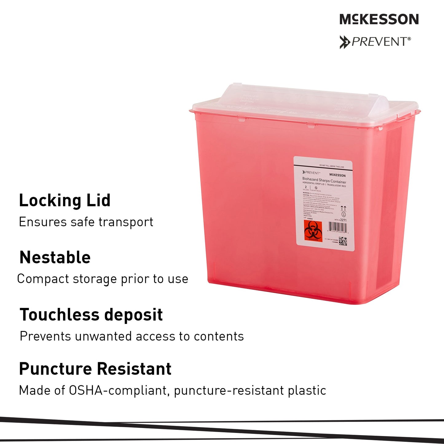 McKesson Prevent® Sharps Container Translucent Red Base 9-1/4 H X 10 W X 6 D Inch Horizontal Entry 2 Gallon (1202201_CS)