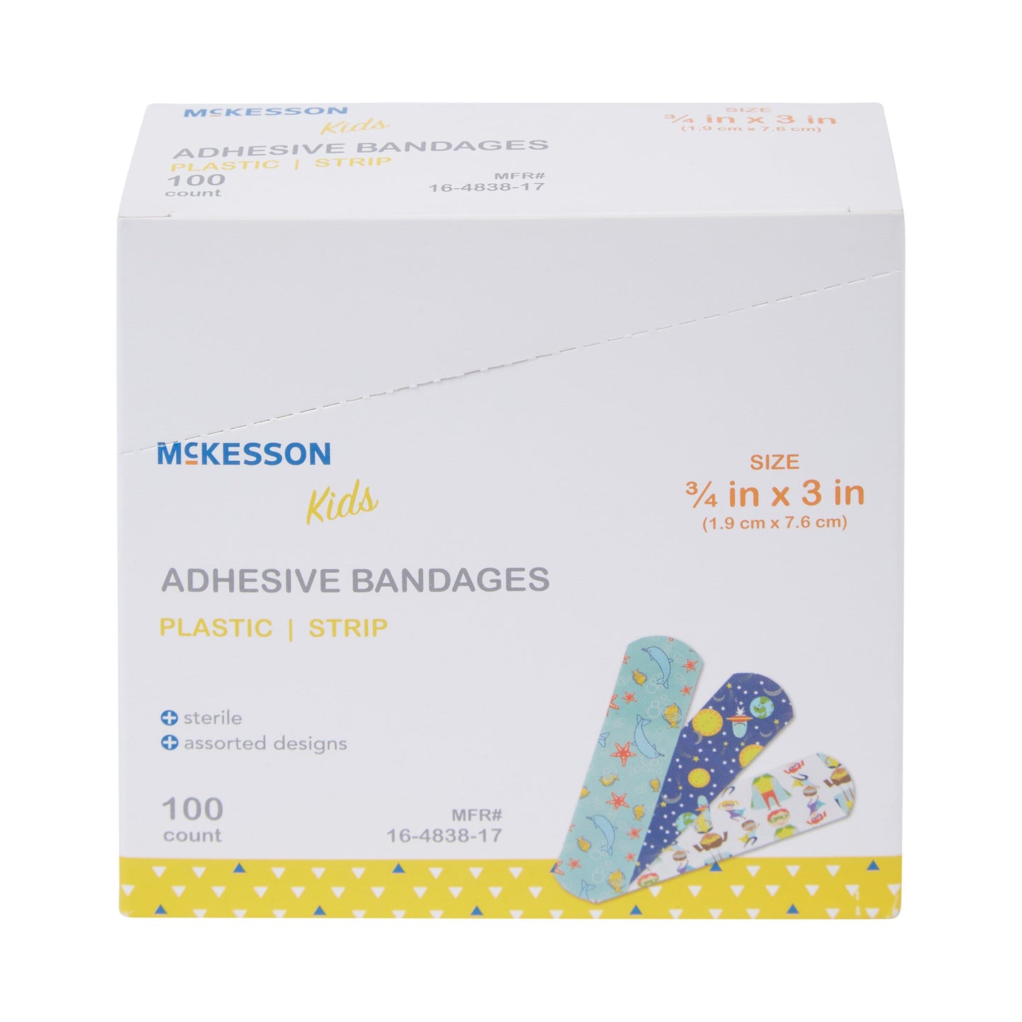 McKesson Kids™ Adhesive Strip 3/4 X 3 Inch Plastic Rectangle Kid Design (Assorted Prints) Sterile (1110980_BX)