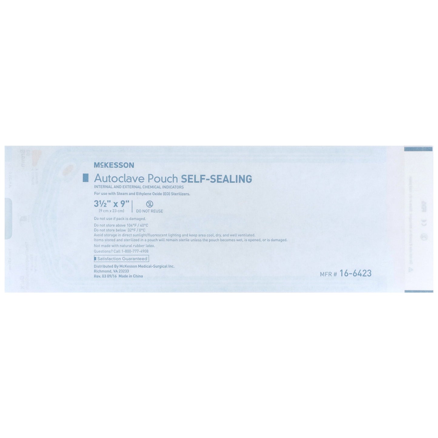 McKesson Sterilization Pouch Ethylene Oxide (EO) Gas / Steam 3-1/2 X 9 Inch Transparent Blue / White Self Seal Paper / Film (960943_BX)