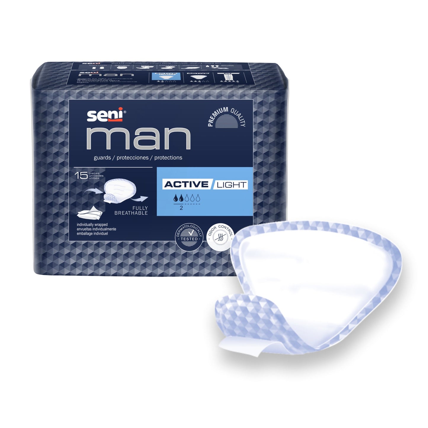 Seni® Man Active Light Bladder Control Pad 7-1/2 X 9-3/10 Inch Light Absorbency Super Absorbent Core One Size Fits Most (1231329_PK)