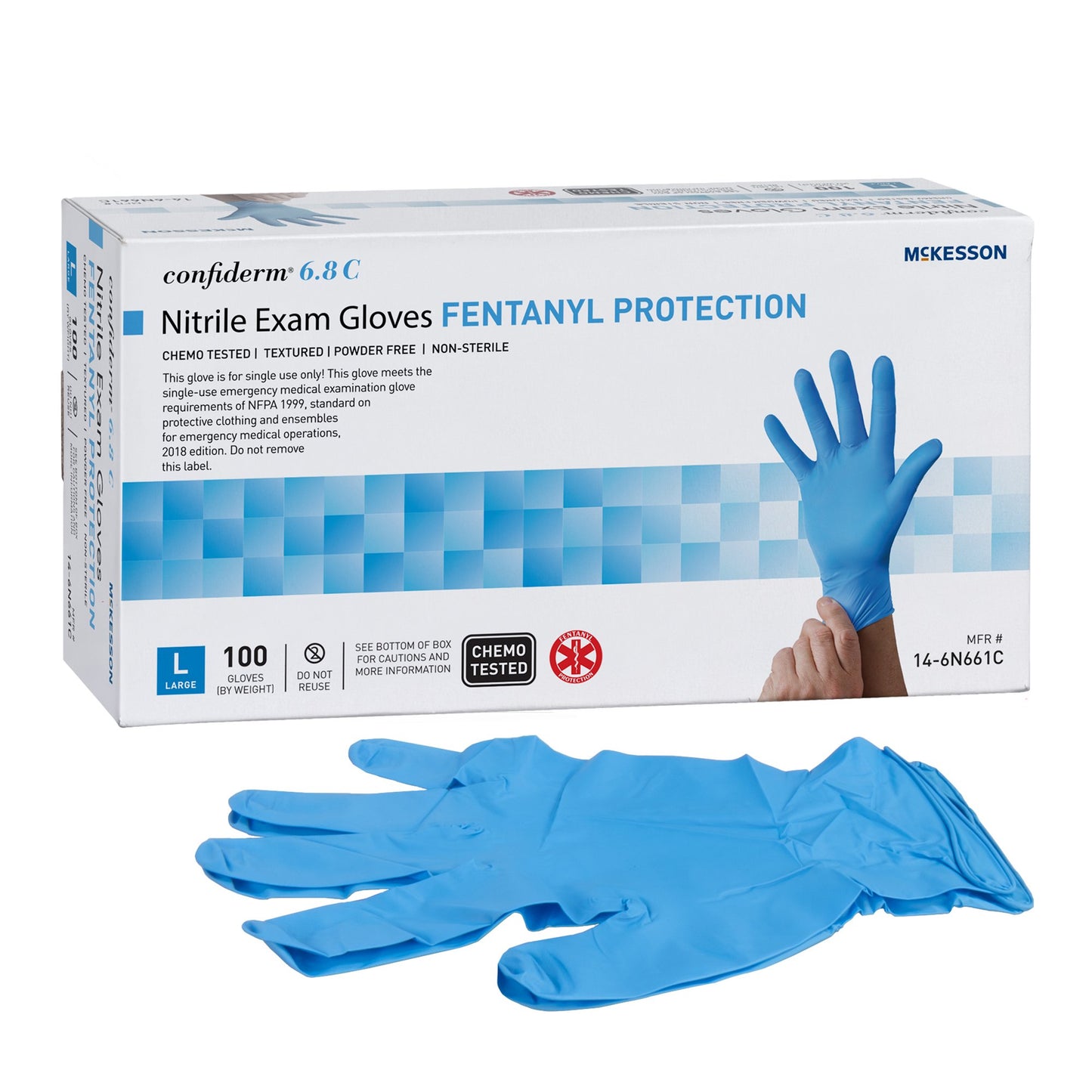 McKesson Confiderm® 6.8C Exam Glove Large NonSterile Nitrile Standard Cuff Length Fully Textured Blue Chemo Tested / Fentanyl Tested (1225750_BX)