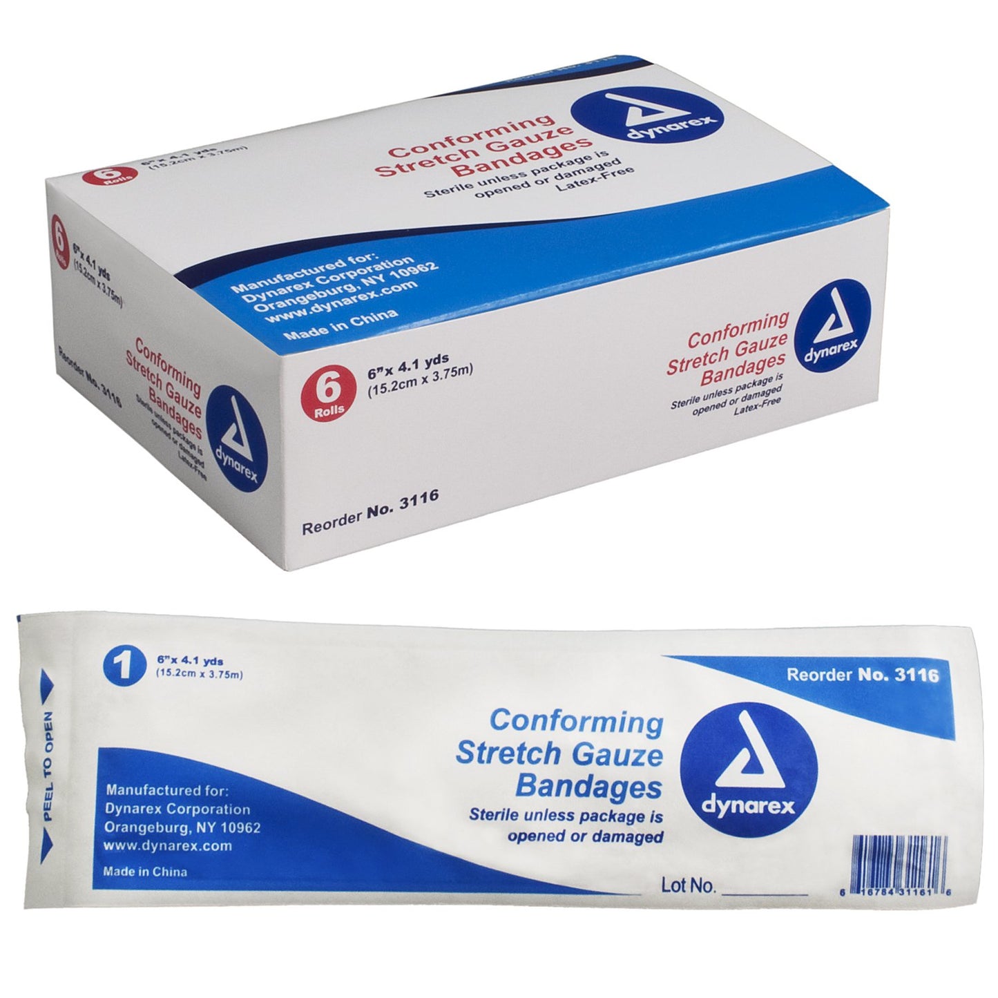 Dynarex® Conforming Bandage 6 Inch X 4-1/10 Yard 1-Ply Sterile 1 per Pouch (1049607_CS)