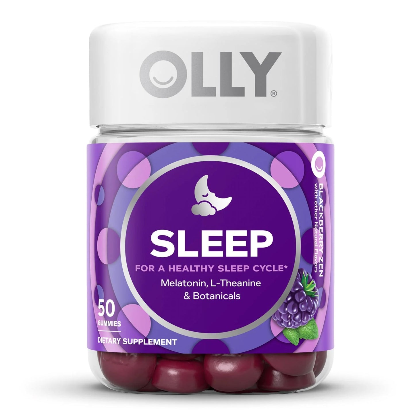 OLLY® Sleep Dietary Supplement L-Theanine / Melatonin / Botanicals 100 mg - 3 mg - 16 to 17 mg Strength Gummy 50 per Bottle Blackberry Zen Flavor (1228383_BT)