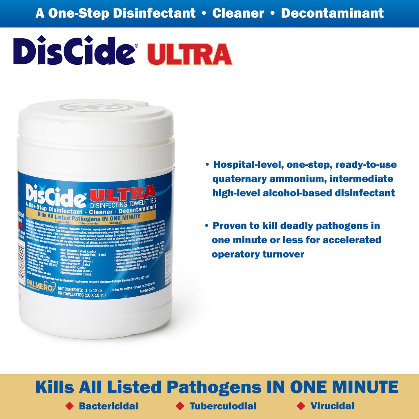 DisCide® Ultra Surface Disinfectant Cleaner Premoistened Quaternary Based Manual Pull Wipe 60 Count Canister Herbal Scent NonSterile (1159344_CN)