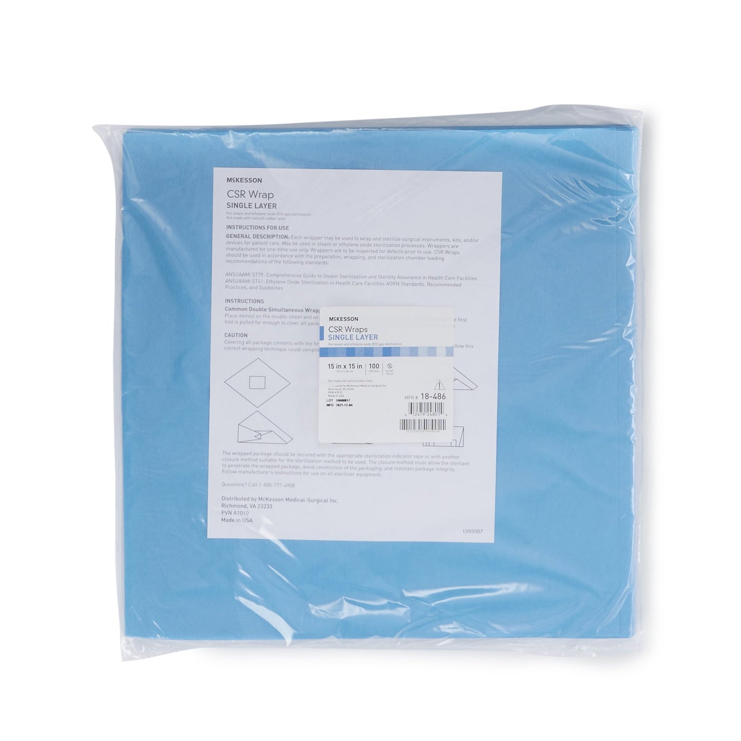 McKesson Sterilization Wrap Blue 15 X 15 Inch Single Layer Cellulose Steam / EO Gas (1156117_CS)