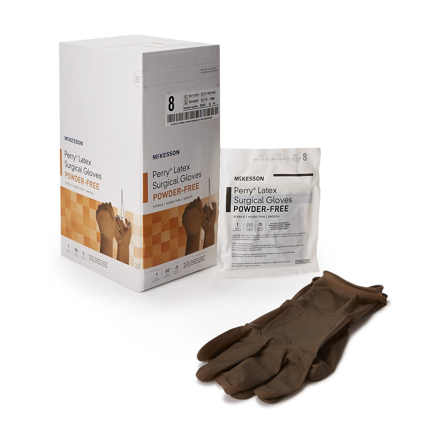 McKesson Perry® Surgical Glove Size 8 Sterile Latex Standard Cuff Length Smooth Brown Not Chemo Approved (1044732_CS)