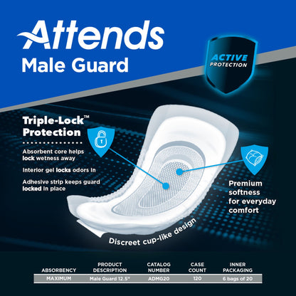 Attends® Male Guard Bladder Control Pad 12-1/2 Inch Length Heavy Absorbency Polymer Core One Size Fits Most (1039121_BG)