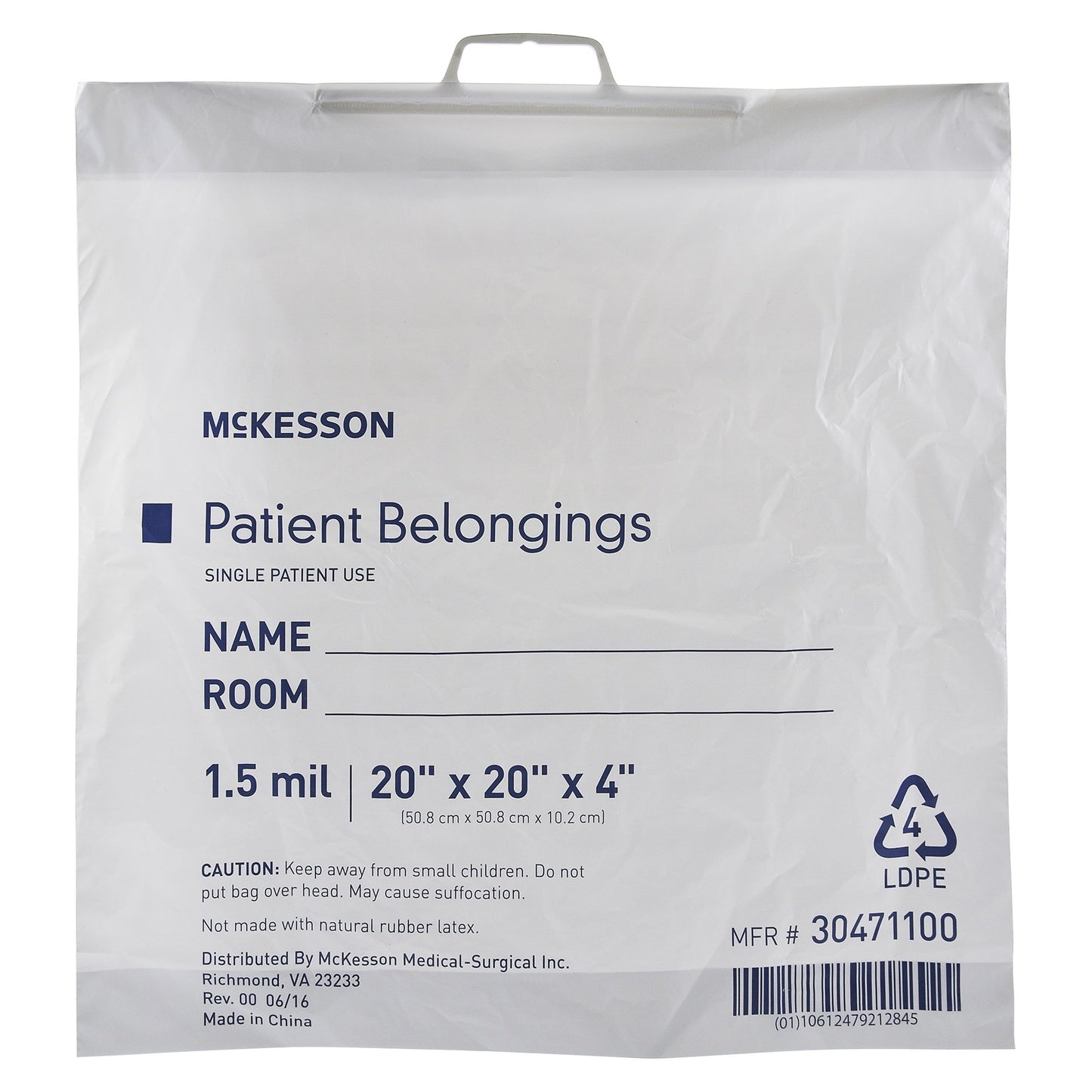 McKesson Patient Belongings Bag 4 X 20 X 20 Inch Polyethylene Snap Closure White (447757_CS)