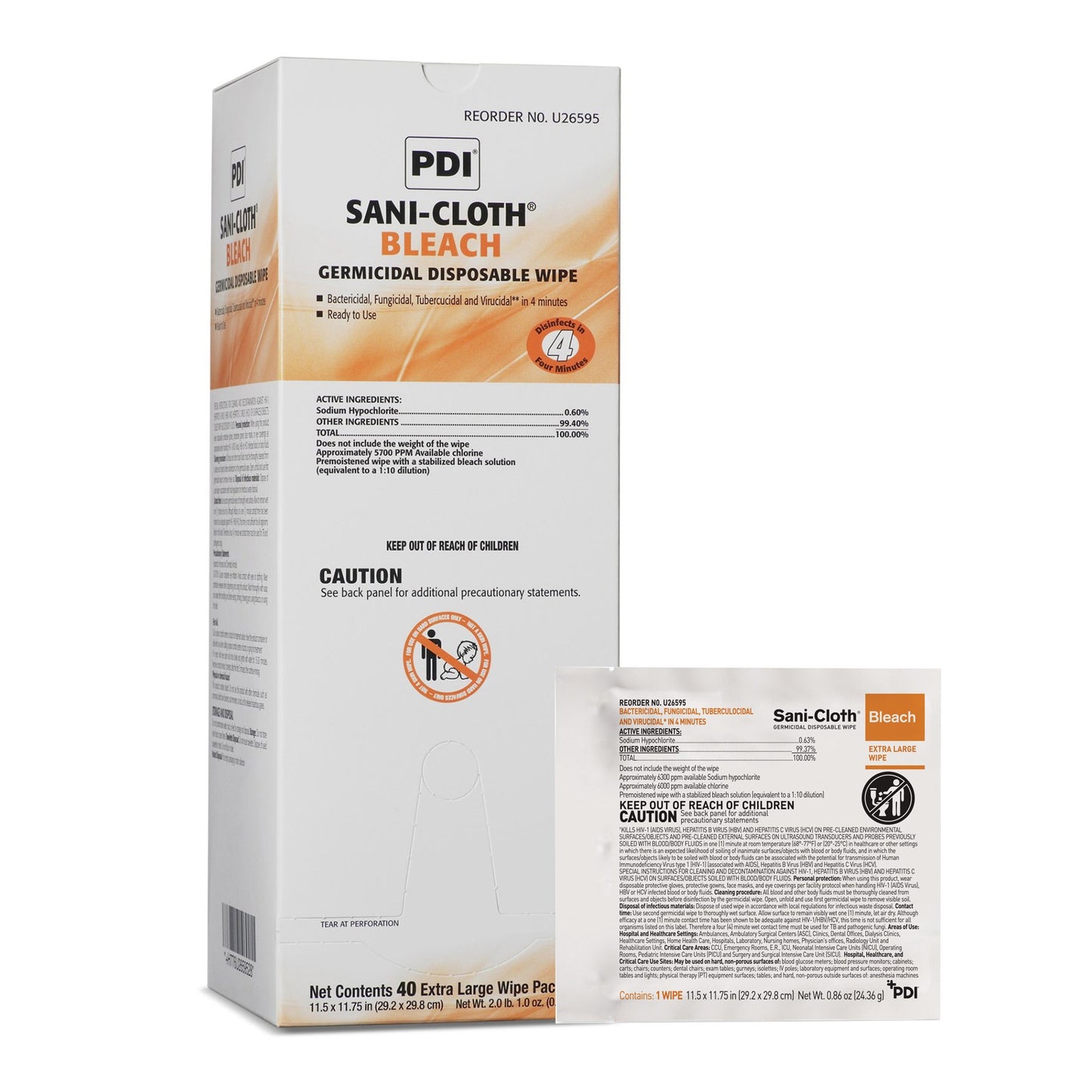 Sani-Cloth® Bleach Surface Disinfectant Cleaner Premoistened Germicidal Manual Pull Wipe 40 Count Individual Packet Chlorine Scent NonSterile (809669_EA)