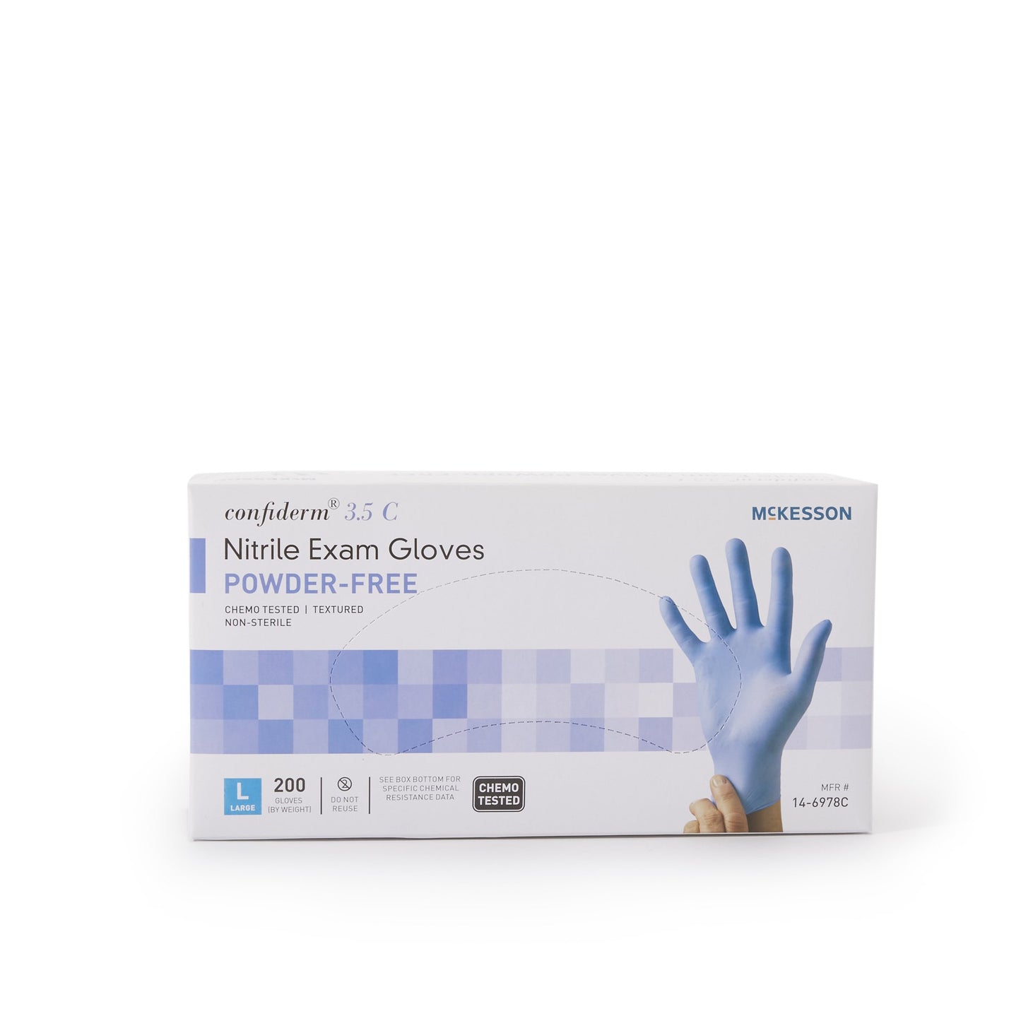 McKesson Confiderm® 3.5C Exam Glove Large NonSterile Nitrile Standard Cuff Length Textured Fingertips Blue Chemo Tested (765876_BX)