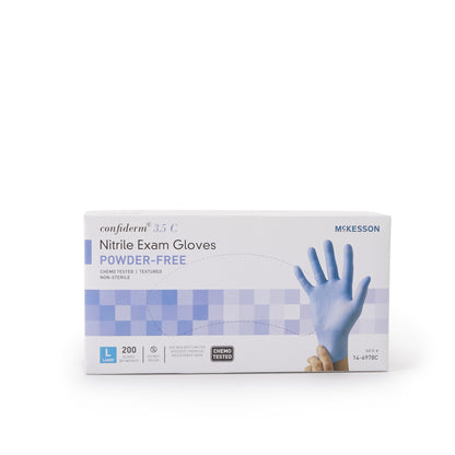 McKesson Confiderm® 3.5C Exam Glove Large NonSterile Nitrile Standard Cuff Length Textured Fingertips Blue Chemo Tested (765876_BX)