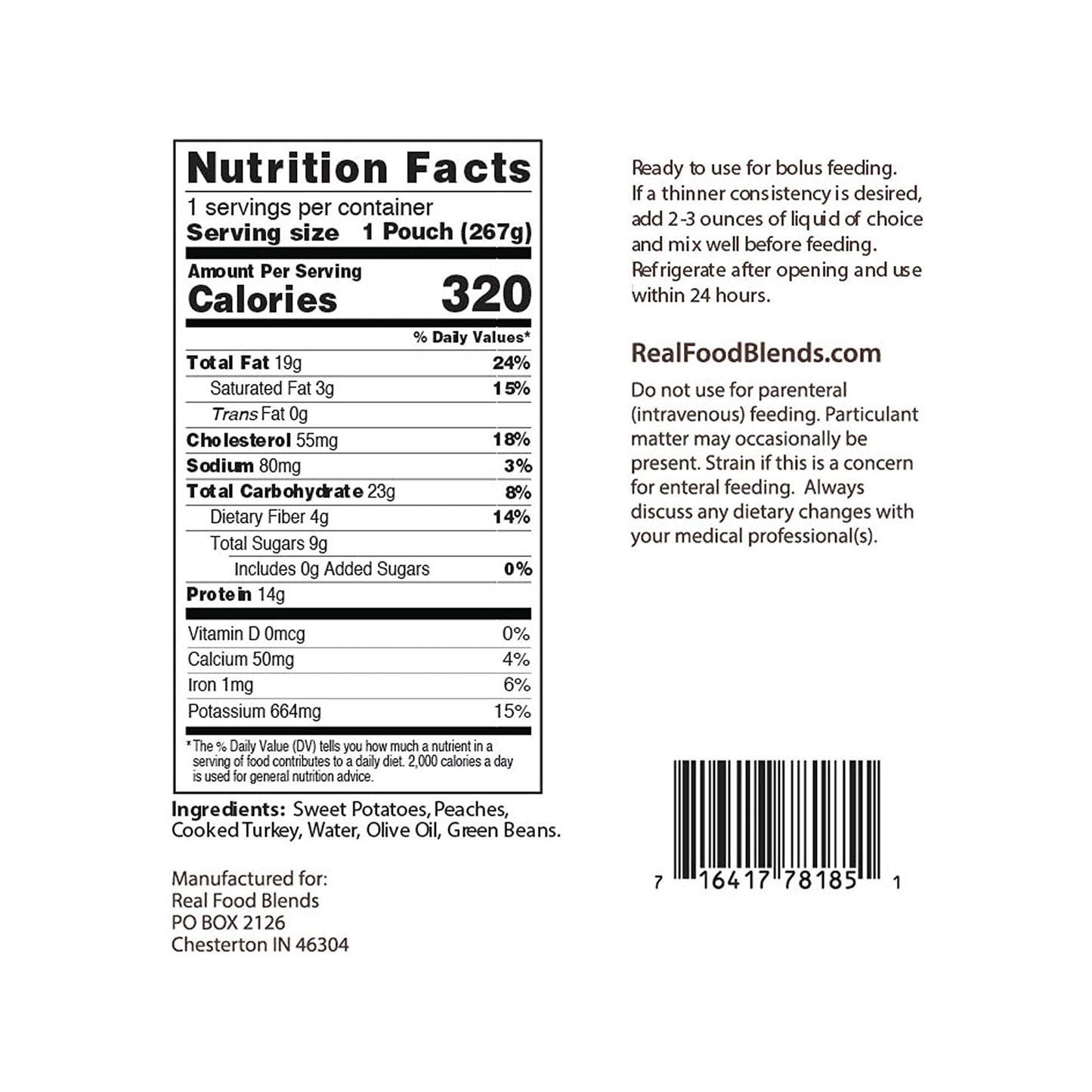 Real Food Blends® Tube Feeding Formula Turkey / Sweet Potatoes / Peaches Flavor Liquid 9.4 oz. Pouch (1120076_CS)