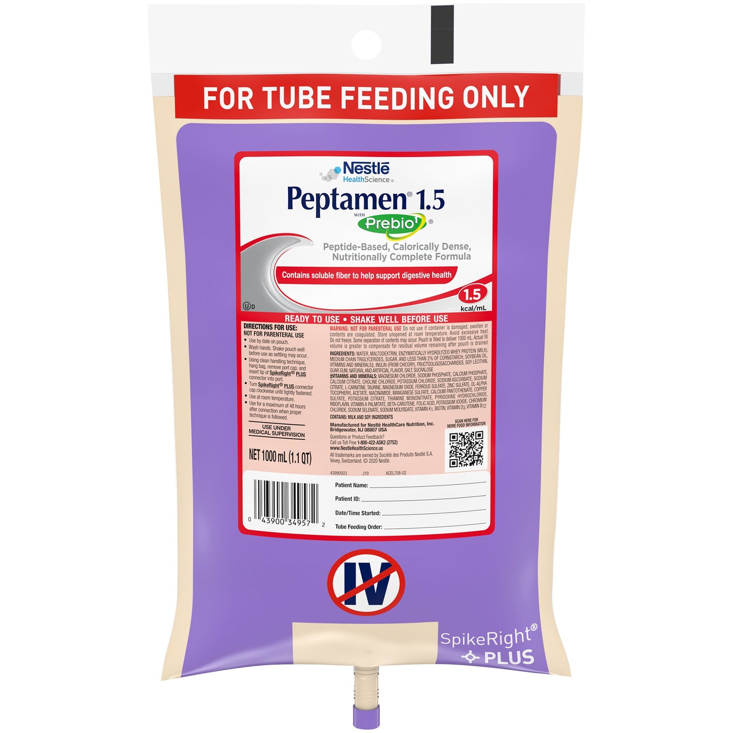 Peptamen® 1.5 with Prebio 1™ Tube Feeding Formula Vanilla Flavor Liquid 1000 mL Ready to Hang Prefilled Container (803594_CS)