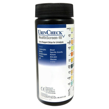 UrinCheck™ HealthScreen-10 Urinalysis Test Kit Bilirubin, Blood, Glucose, Ketone, Leukocytes, Nitrite, pH, Protein, Specific Gravity, Urobilinogen 100 Tests CLIA Waived (1124856_BT)
