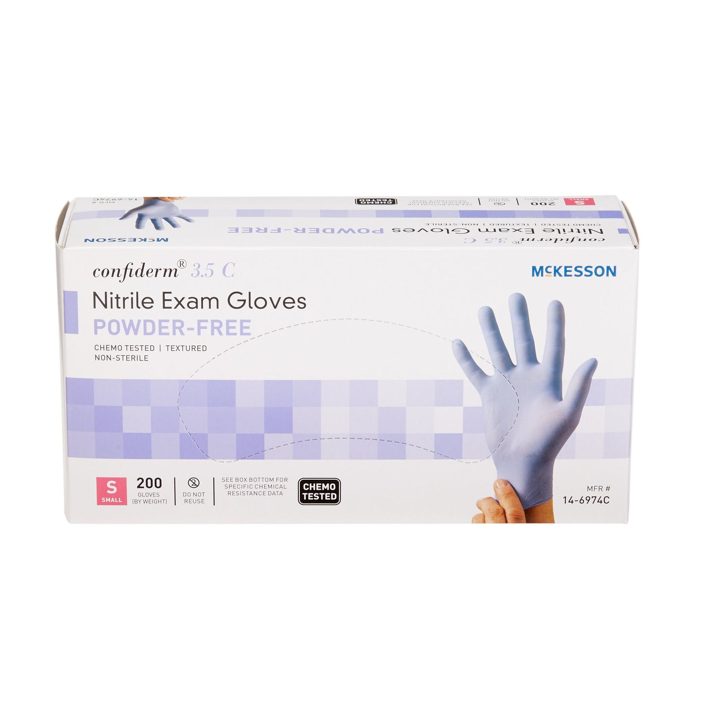 McKesson Confiderm® 3.5C Exam Glove Small NonSterile Nitrile Standard Cuff Length Textured Fingertips Blue Chemo Tested (765874_BX)