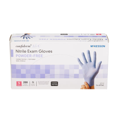 McKesson Confiderm® 3.5C Exam Glove Small NonSterile Nitrile Standard Cuff Length Textured Fingertips Blue Chemo Tested (765874_BX)