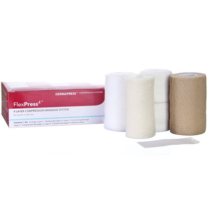 FlexPress4™ 4 Layer Compression Bandage System Multiple Sizes Self-Adherent / Tape Closure Tan / White NonSterile Standard Compression (949200_BX)