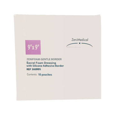 ZeniFOAM Gentle Border Foam Dressing 9 X 9 Inch With Border Waterproof Backing Silicone Face and Border Sacral Sterile (1260112_EA)