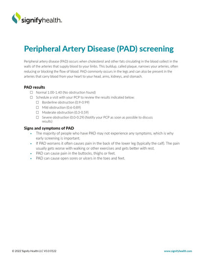 Signigyhealth Fact Sheet Peripheral Artery Disease (PAD) Screening 8 X11 Inch (1218339_PK)