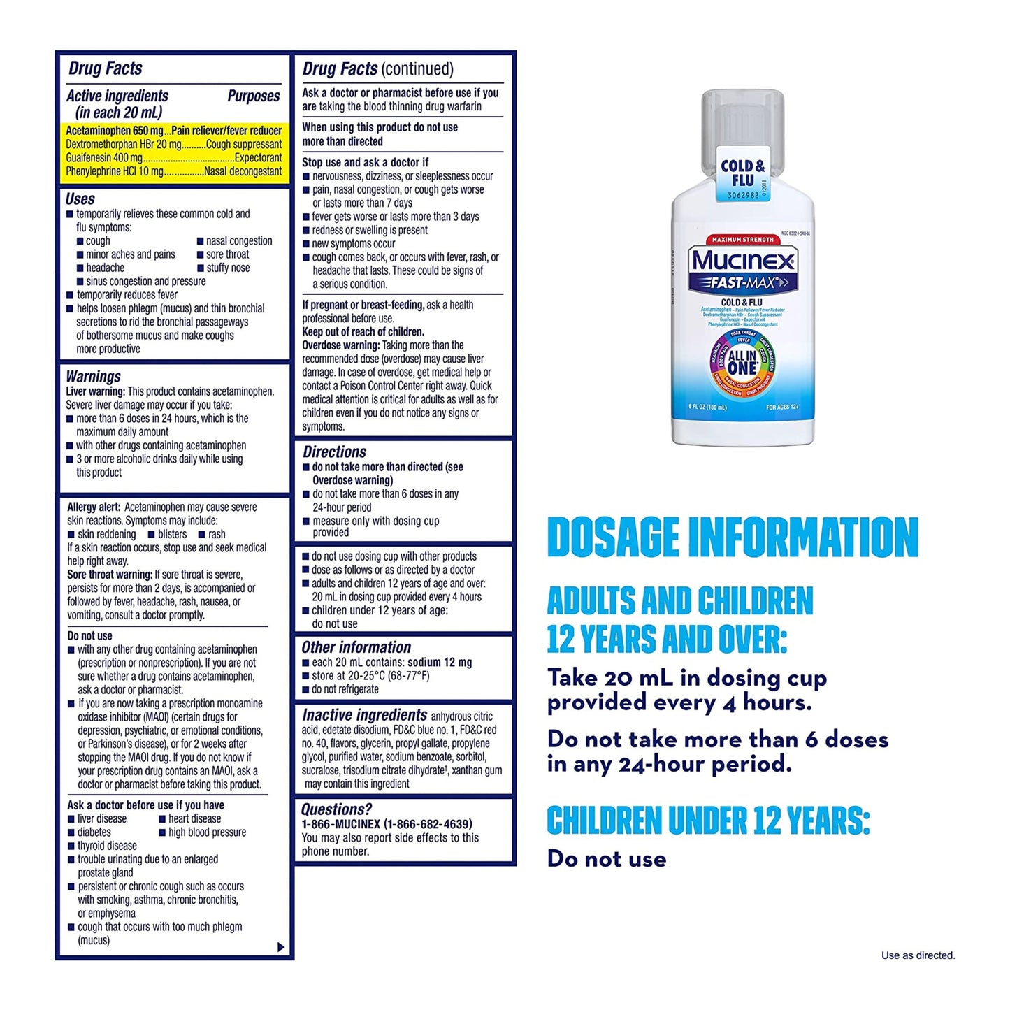 Mucinex® Fast-Max™ Cold & Flu Cold and Cough Relief 650 mg - 20 mg - 400 mg - 10 mg / 20 mL Strength Liquid 6 oz. (1120969_EA)