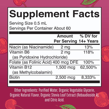 Mary Ruth's® Vegan B-Complex Dietary Supplement Niacin / Vitamin B6 / Folate / B12 / Biotin 2 mg - 2 mg - 400 mcg - 1,500 mcg - 2,500 mcg Strength Drop 1 oz. Cherry Flavor (1271766_EA)