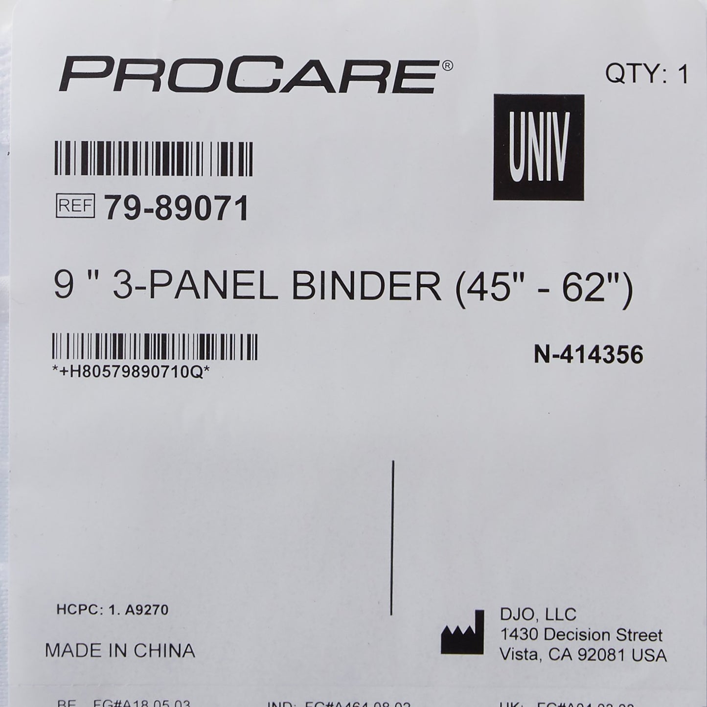 ProCare® Premium Abdominal Binder One Size Fits Most Hook and Loop Closure 45 to 62 Inch Waist Circumference 9 Inch Height Adult (302628_EA)