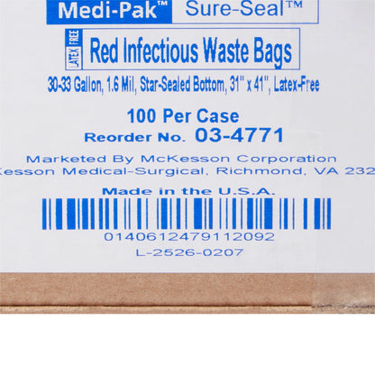 McKesson Biohazard Waste Bag Biohazard Symbol / Infectious Waste 30 to 33 gal. Red 31 X 41 Inch (178674_CS)