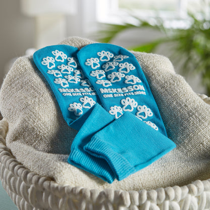 McKesson Paw Prints® Slipper Socks Unisex Adult One Size Fits Most Single Tread Single Patient Use Teal (475019_CS)