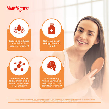 Mary Ruth's® Liquid Morning Multivitamin + Hair Growth Multivitamin Supplement Vitamin A / C / D / E 1,010 mcg - 90 mg - 20 mcg - 18 mg Strength Liquid 30 oz. Peach Mango Flavor (1271759_EA)