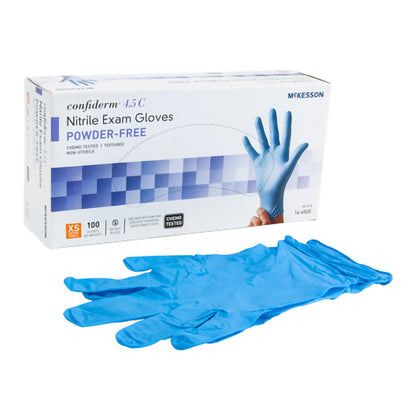 McKesson Confiderm® 4.5C Exam Glove X-Small NonSterile Nitrile Standard Cuff Length Textured Fingertips Blue Chemo Tested (921601_BX)