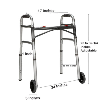 McKesson Dual Release Folding Walker with Wheels Adjustable Height Aluminum Frame 350 lbs. Weight Capacity 25 to 32-1/4 Inch Height (1128908_EA)