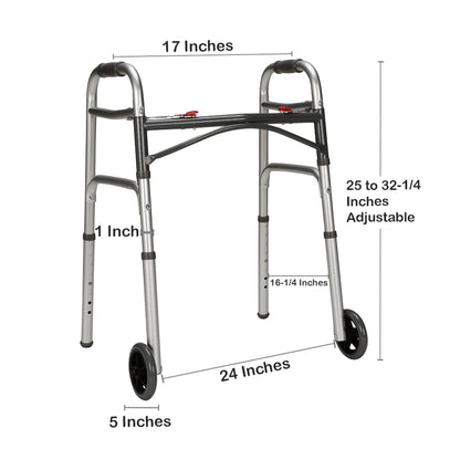 McKesson Dual Release Folding Walker with Wheels Adjustable Height Aluminum Frame 350 lbs. Weight Capacity 25 to 32-1/4 Inch Height (1128908_EA)