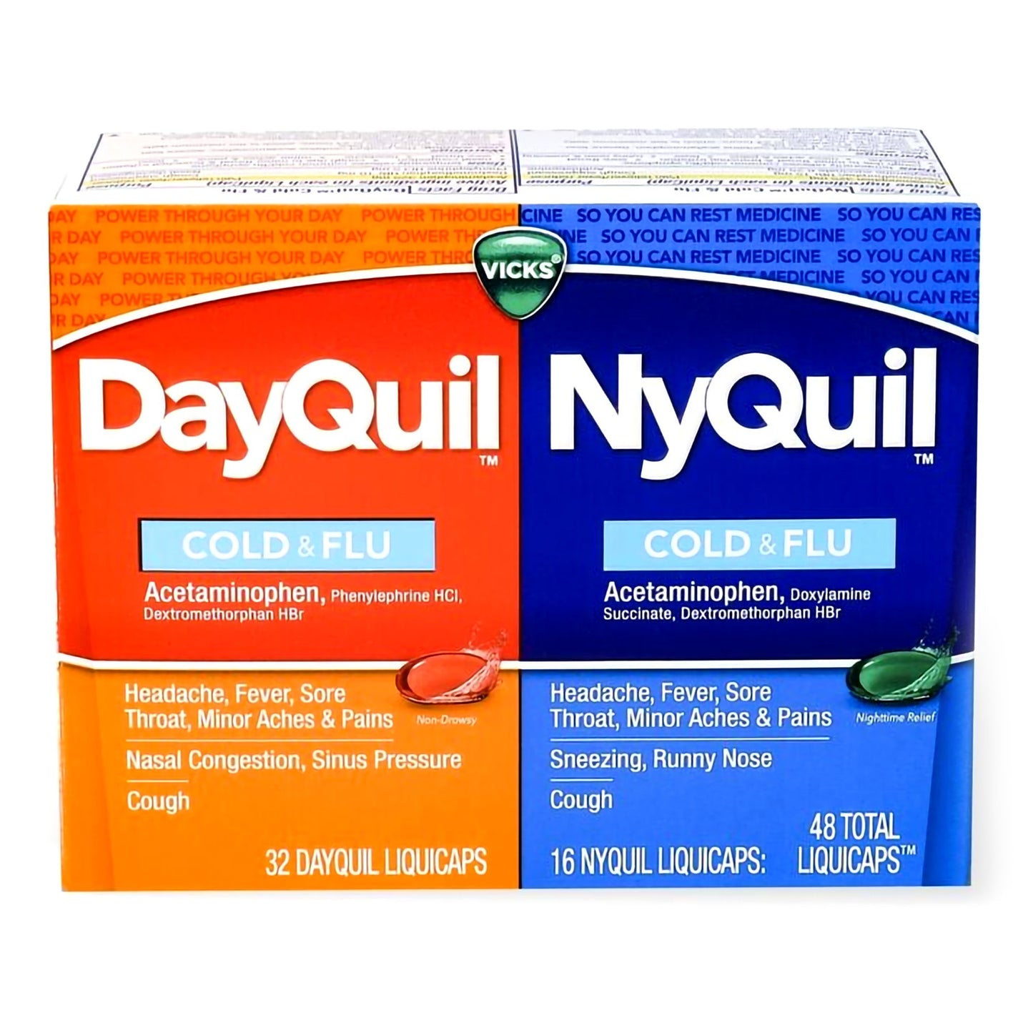 DayQuil® Nyquil® Combo Pack Cold and Cough Relief 325 mg - 10 mg - 5 mg Strength and 325 mg - 15 mg - 6.25 mg Strength Gelcap 48 per Box (829814_CT)
