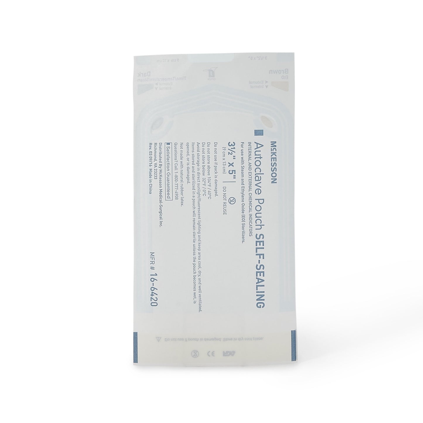 McKesson Sterilization Pouch Ethylene Oxide (EO) Gas / Steam 3-1/2 X 5 Inch Transparent Blue / White Self Seal Paper / Film (960942_BX)