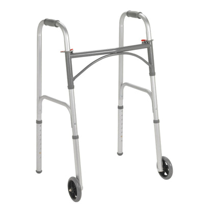 McKesson Dual Release Folding Walker with Wheels Adjustable Height Steel Frame 350 lbs. Weight Capacity 32 to 39 Inch Height (1128891_EA)