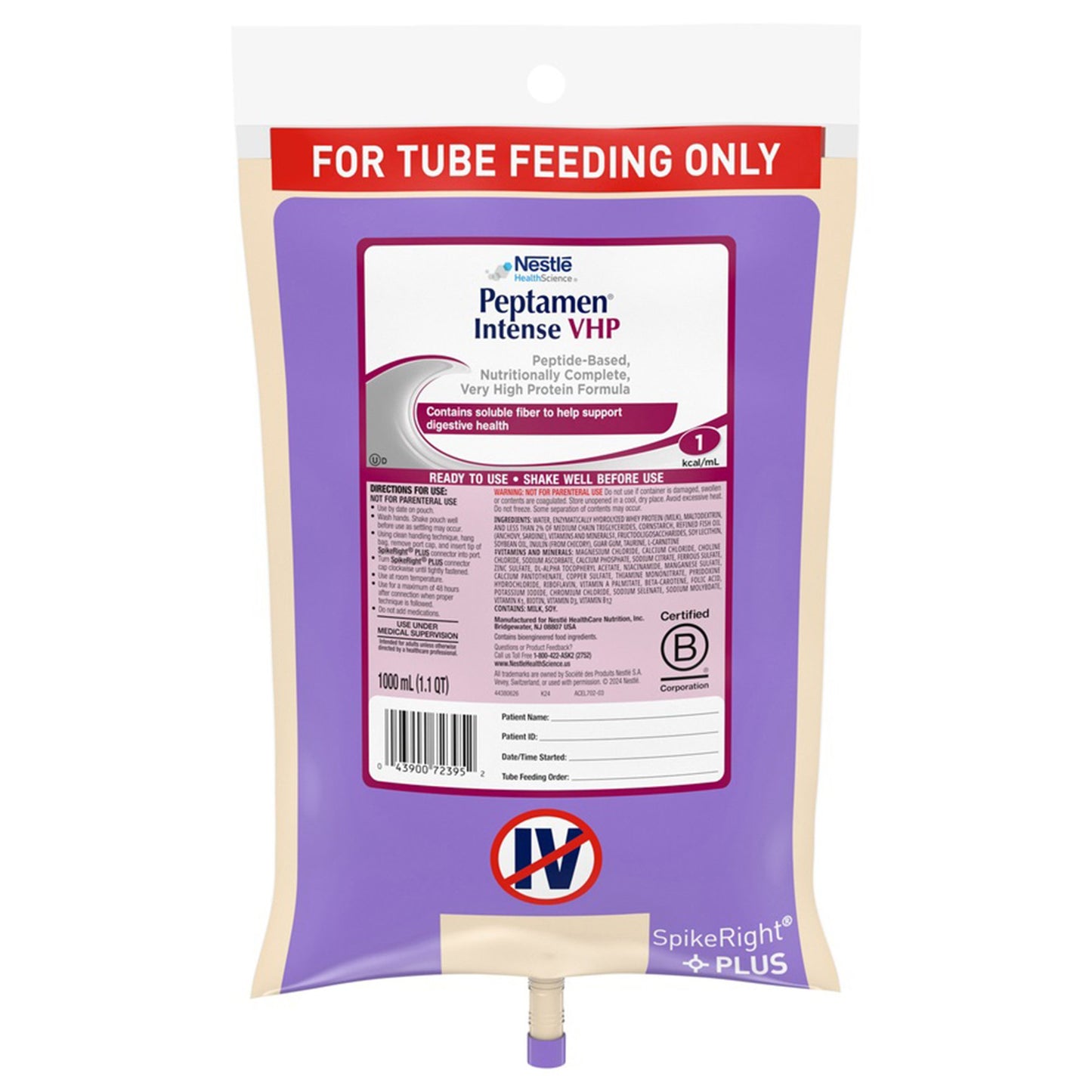 Peptamen® Intense VHP Tube Feeding Formula Unflavored Liquid 1000 mL Ready to Hang Prefilled Container (1006588_EA)