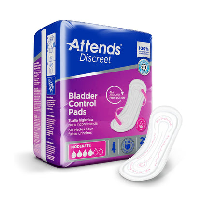 Attends® Discreet Bladder Control Pad 10-1/2 Inch Length Moderate Absorbency Polymer Core One Size Fits Most (1039118_BG)