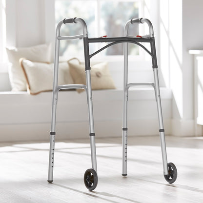 McKesson Dual Release Folding Walker with Wheels Adjustable Height Aluminum Frame 350 lbs. Weight Capacity 32 to 39 Inch Height (1076176_EA)